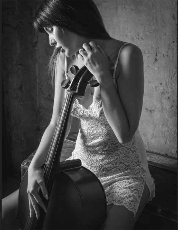 Karlheinz Wachsenegger | Cello Love #2 | BW Photoprint on Bary Paper with Off-White Passepartout, Black Wooden Frame, Anti-Glare High-Quality Museum Glass with UV Protection | 84 x 104 cm